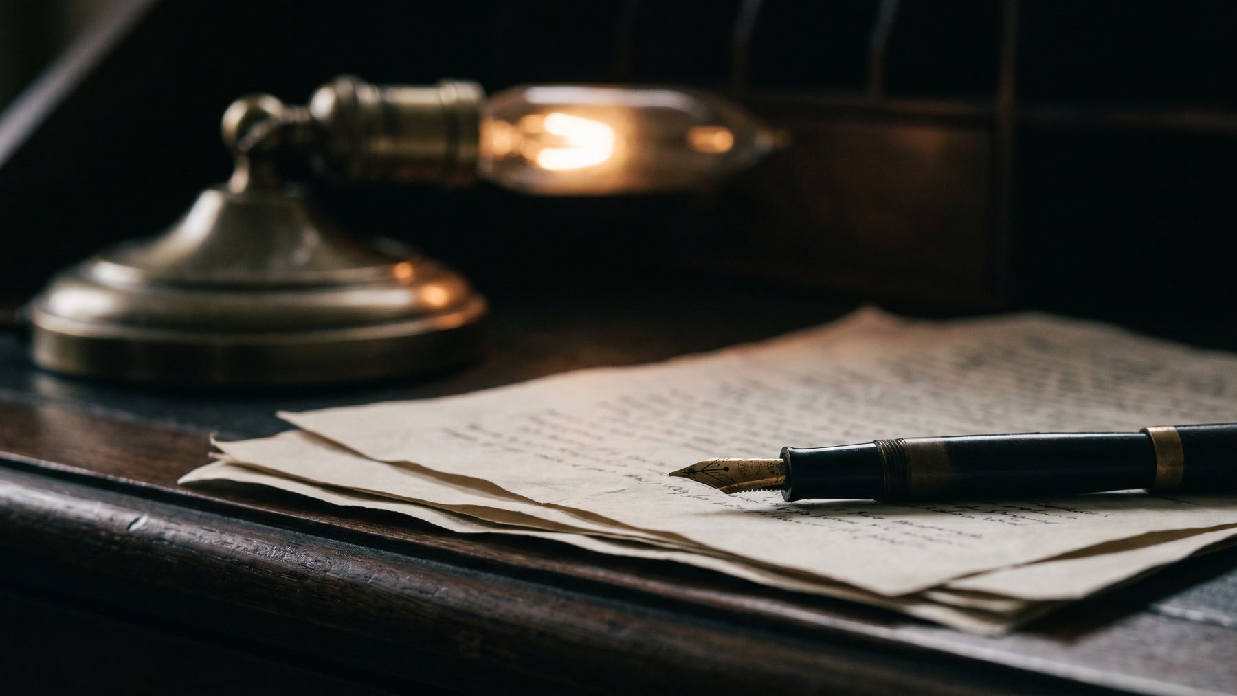 A private study desk with documents and a reading lamp