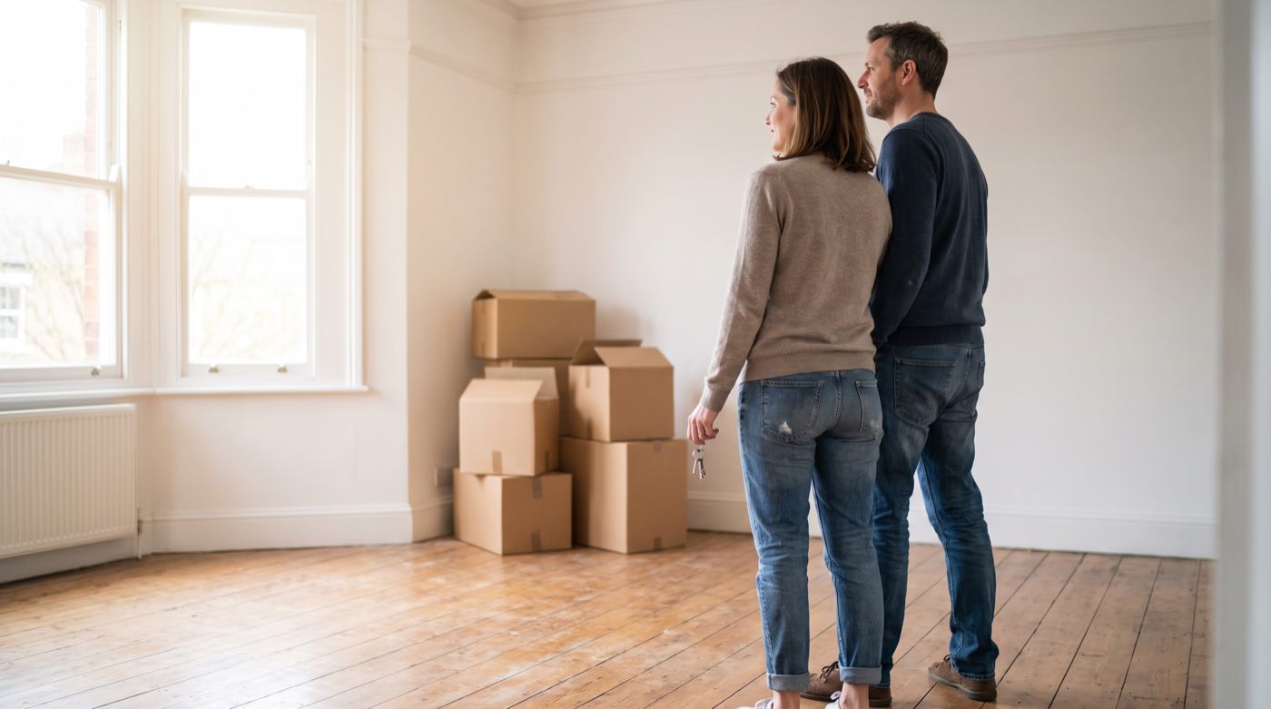 A couple standing in the front room of the home they have just bought