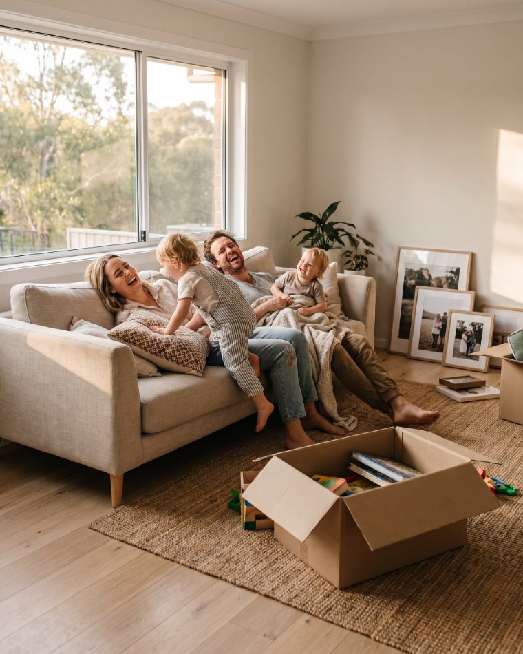 A young family in the living room of the home they have just moved into