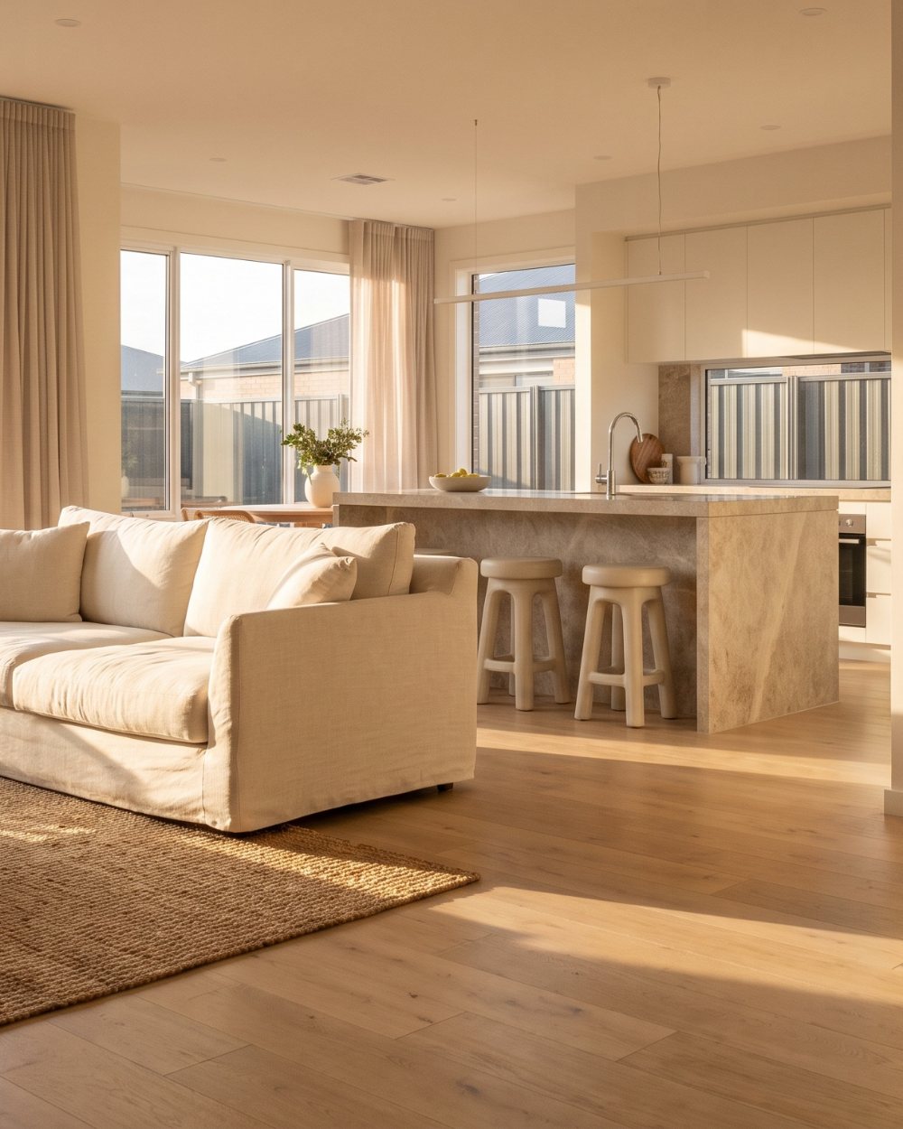The open plan living and kitchen of a newly finished Australian home, with a few moving boxes still to unpack