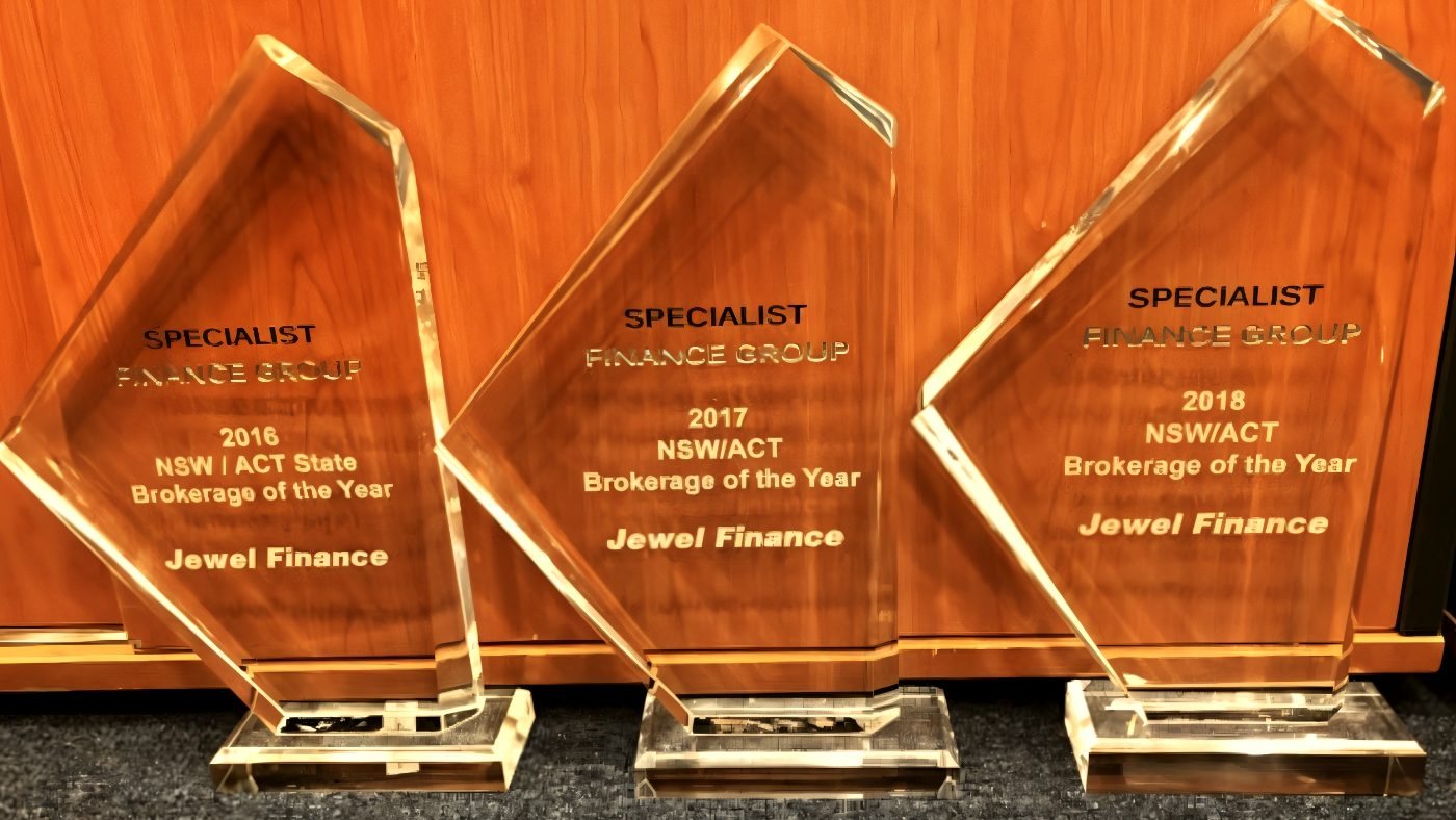 Three Specialist Finance Group Brokerage of the Year trophies engraved Jewel Finance