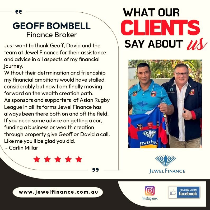 A Jewel Finance sponsored rugby league jersey worn by a client, alongside Geoff Bombell